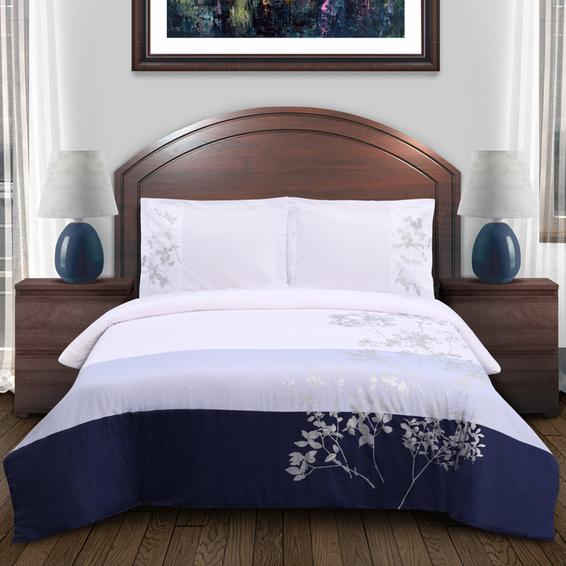 Full/Queen Blue Cotton Sateen Duvet Cover Set with Leaf Pattern