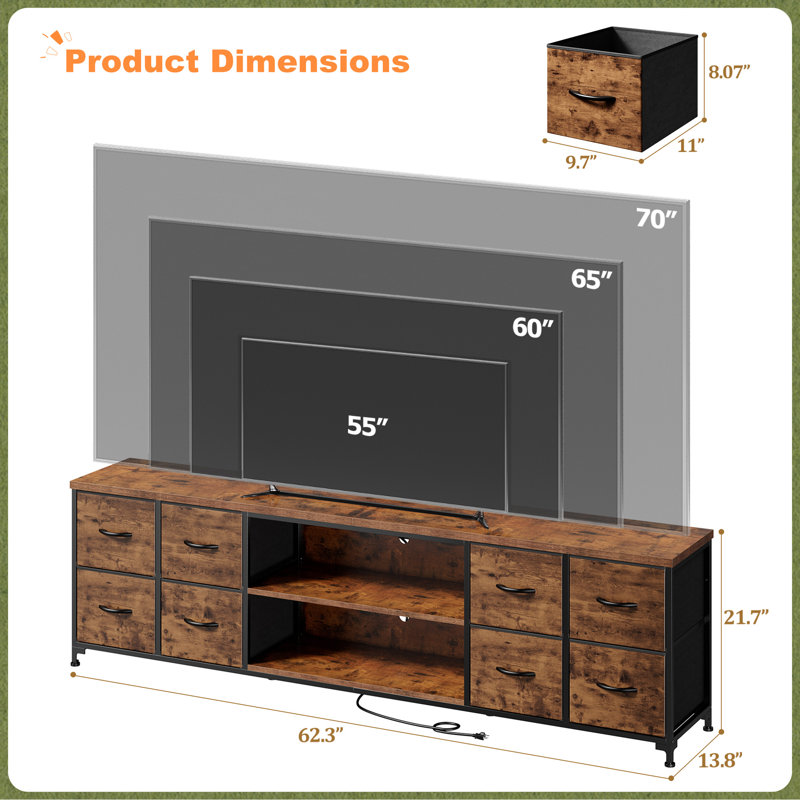 70-inch Tv Stand With Led Lighting, Charging Station & 8-drawer Storage – Modern Multi-functional Media Console For Living Room & Bedroom					