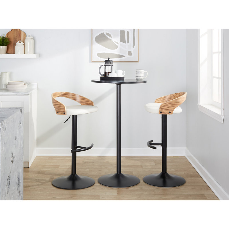 Tabouret réglable avec pivot en métal noir, bois de zèbre et similicuir blanc avec repose-pieds arrondi en T - ensemble de 3
