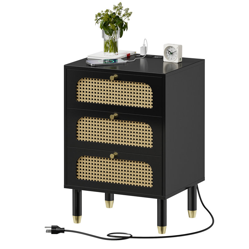Table de chevet à 3 tiroirs en bois massif l 18,9 po avec station de charge, Noir