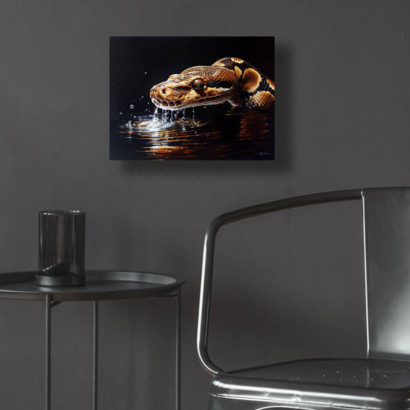 Art mural en verre acrylique épique «Python réticulé dans l'eau en embuscade 2» par Momart, 16 po x 12 po