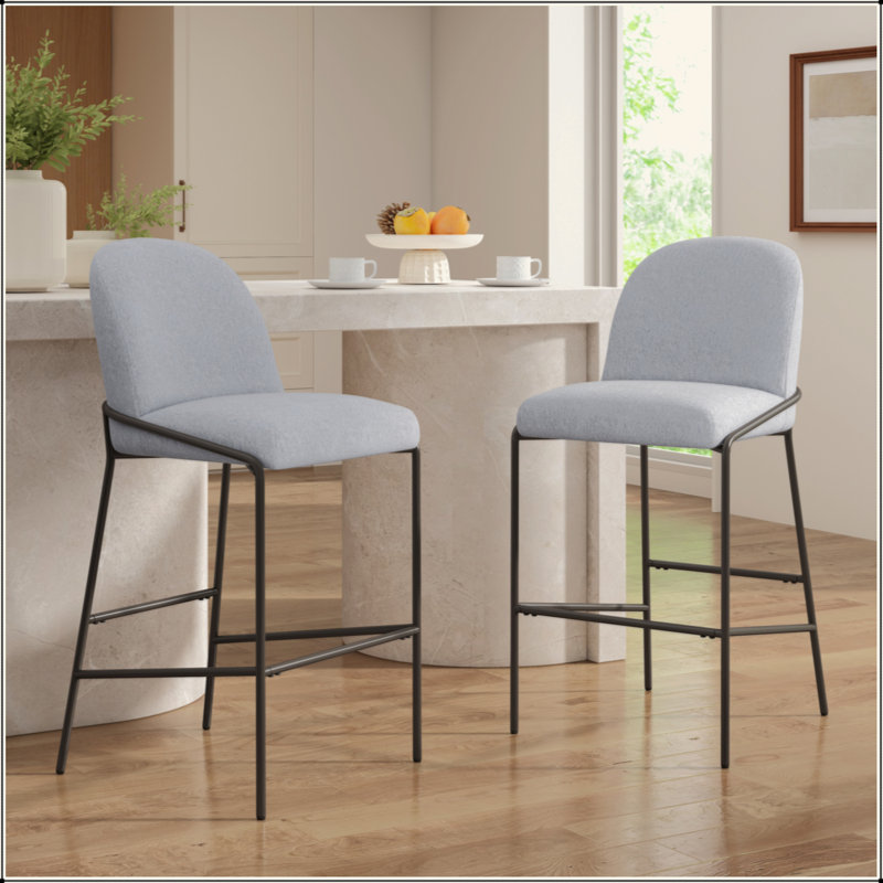 Indoor Metal Upholstered Barstool, Antique Bronze Finish Frame, Set Of 2, Gray