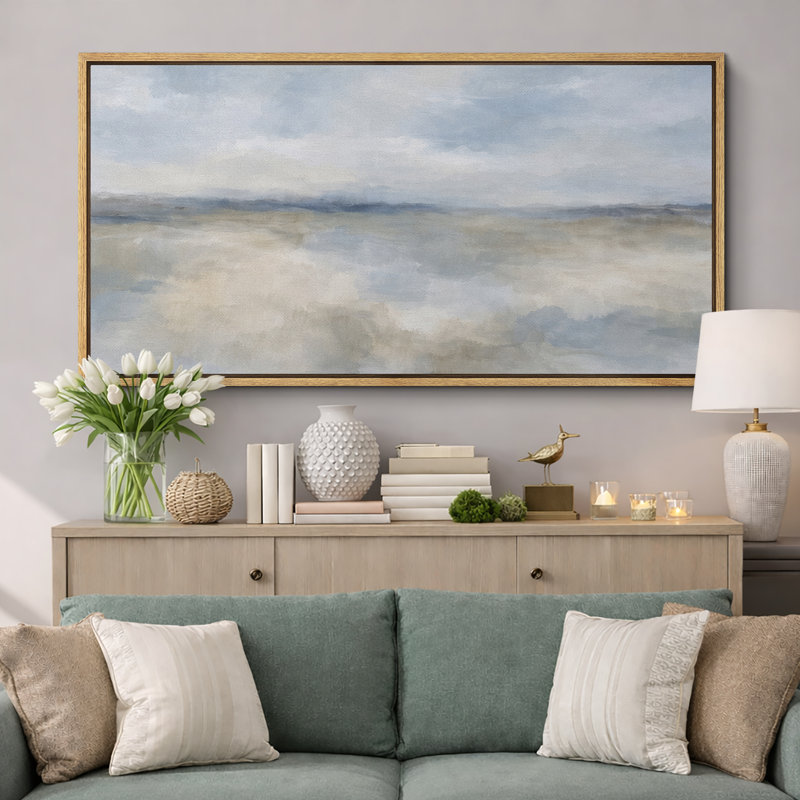 Doux bleu beige, paysage abstrait de ciel, photos de salon minimaliste, impression sur toile encadrée, Cadre naturel
