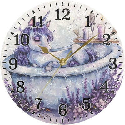 JUNZAN Rétro licornes mignonnes lavande dans la baignoire Détente ronde Horloges de salle de bain Horloge murale 10 pouces Horloge extérieure pour la cuisine