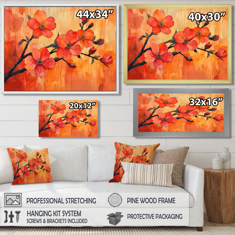 Coucher de soleil sur les branches de cornouiller de l'élégance II - art mural floral, H 12 po x l 20 po
