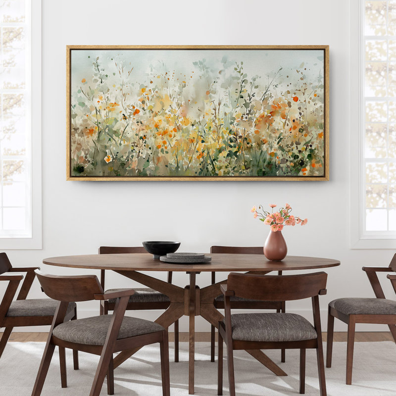Green Orange Abstract Wildflowers Artwork, Watercolor Paint Strokes Effect Wall Pictures, Giclee Canvas Digital Print Extra Large Framed Wall Art