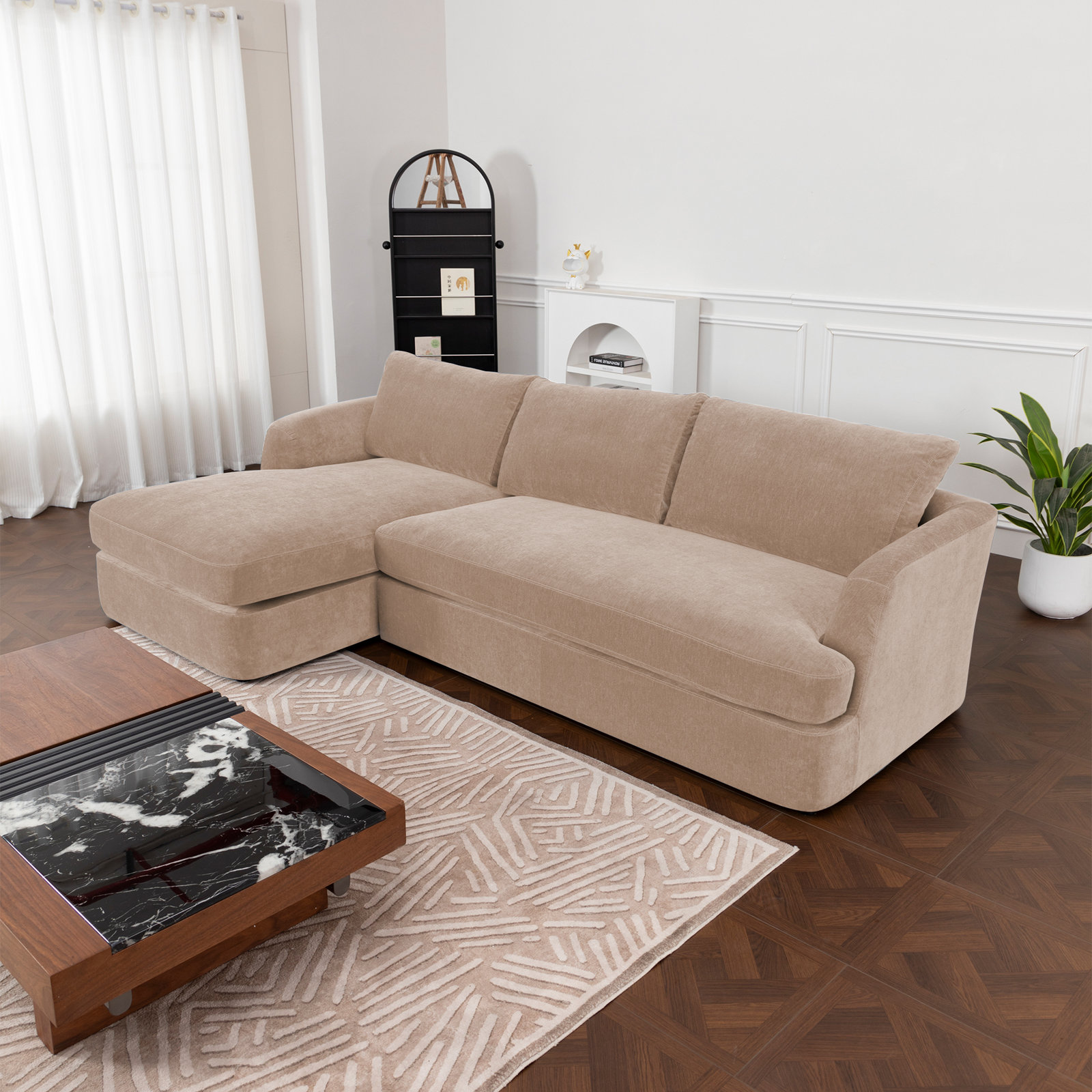 Alameda Velvet Sofa and Chaise, Sandstone Velvet, Left Hand Facing