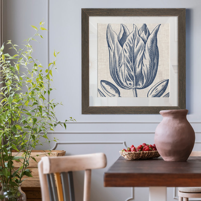 Indigo floral sur lin VI - reproduction encadrée de qualité supérieure - prêt à être accroché - impression encadrée sur papier