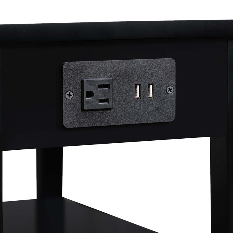 Senyah Solid Wood Top End Table with Storage and Built-In Outlets, Black