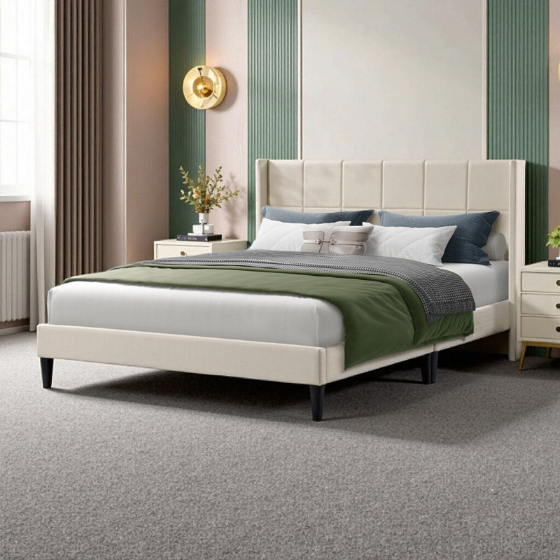 Lit à oreilles tapissier beige avec tête de lit capitonnée et pieds en bois massif, aucun sommier requis, Beige