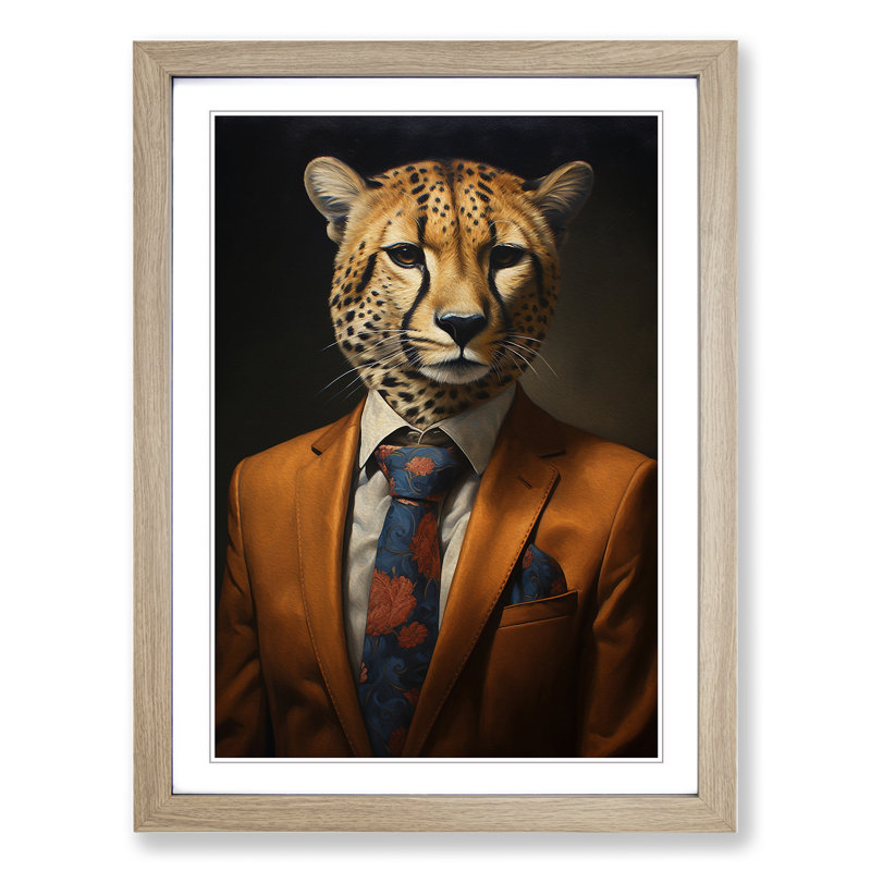 Cheetah - Single Picture Frame Print on Wood, Oak Framed, 46cm H x 34cm W x 2cm D