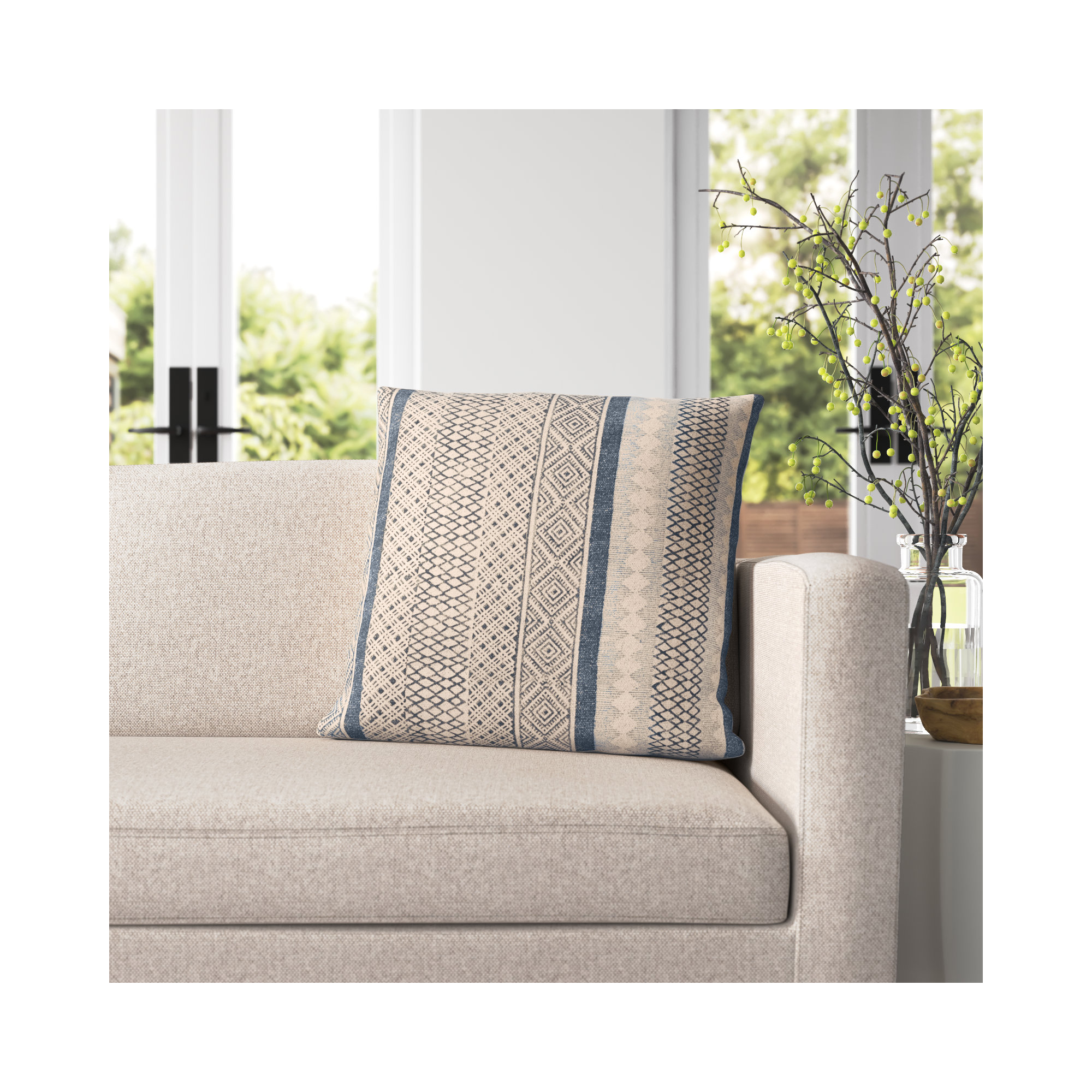 Zetta Geometric Cotton Throw Pillow, Polyester/Polyfill, 22" x 22", Light Beige/Dark Blue