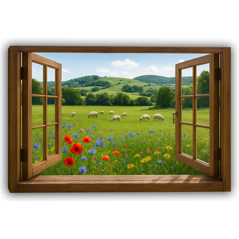 Sheep in Bloom - Pastoral Meadow View Art