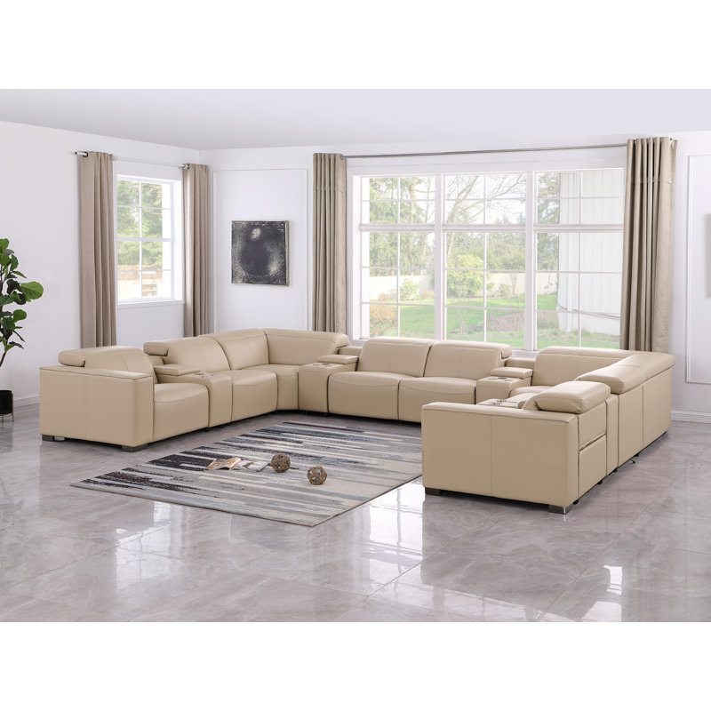Glendale Luxurious 12-Piece U-Sectional In Genuine Leather With 4 Power Recliners And Power Headrests, Beige