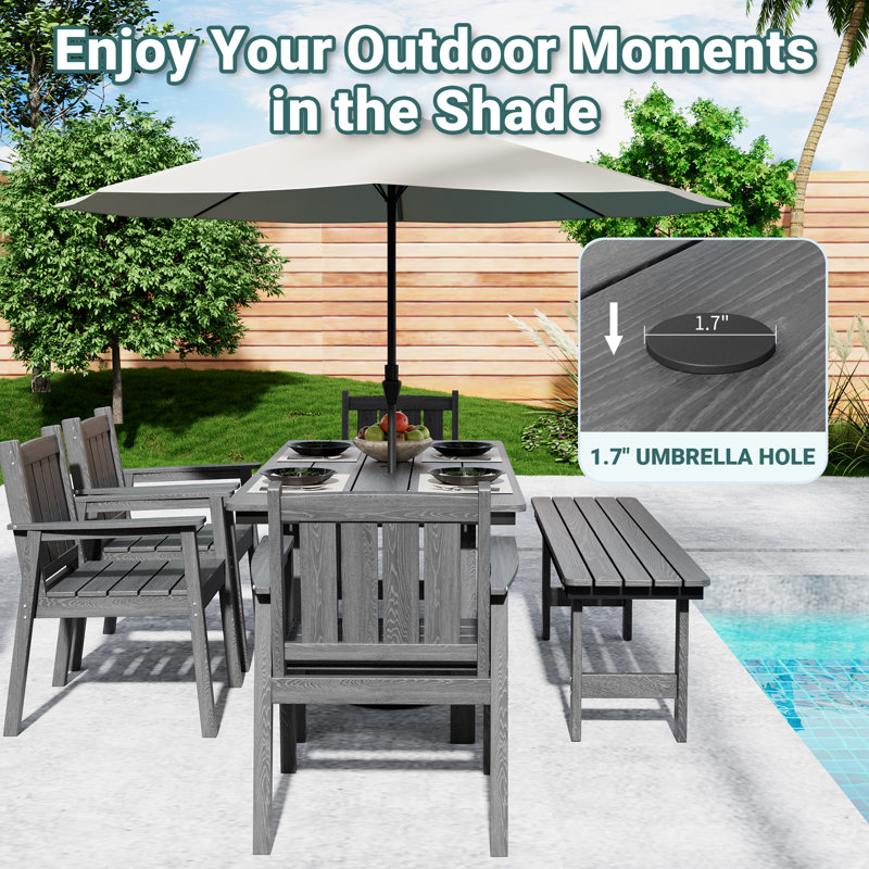 6-Piece HDPE Patio Dining Set with Rectangular Table & Bench, 6 Pieces: Table, Bench, 4 Chairs