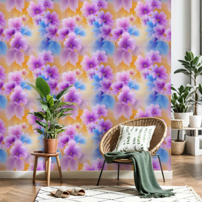 Papier peint adhésif autocollant à motif floral mauve et bleu à motif de contact doux amovible pour armoires de cuisine de chambre à coucher 17,7 po x 118 po
