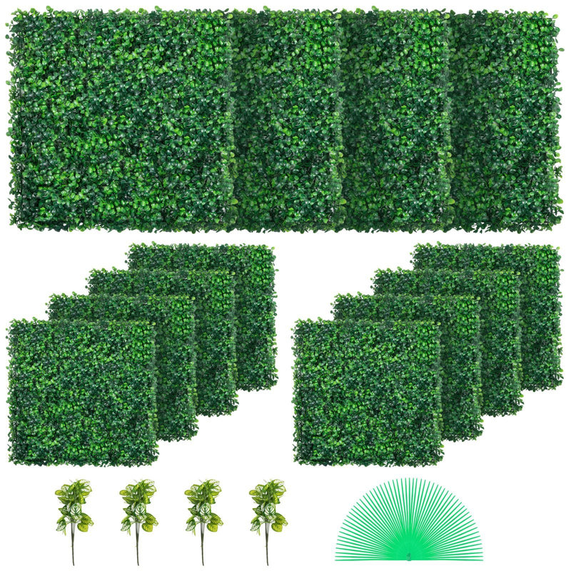 Artificial Boxwood Hedge Wall Panel - 20" x 20", PE/Plastic, 12 Pack, Green, UV Resistant