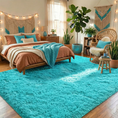 Large Shag Area Rugs for Living Room, 8x10 Rug, Soft Carpet for Bedroom, Non-Slip Backing, Modern Indoor Home Decor Aesthetic, School Season Surprise, Teal Blue