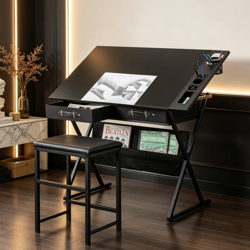 Bureau de dessin avec tabouret Yumisani, Noir