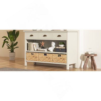 Retro Console Table With 3 Storage Drawers, Entryway Table With 3 Water Hyacinth Woven Baskets,Wooden Accent Sofa Table Buffet Cabinet For Entryway, Hallway And Living Room (Antique White)