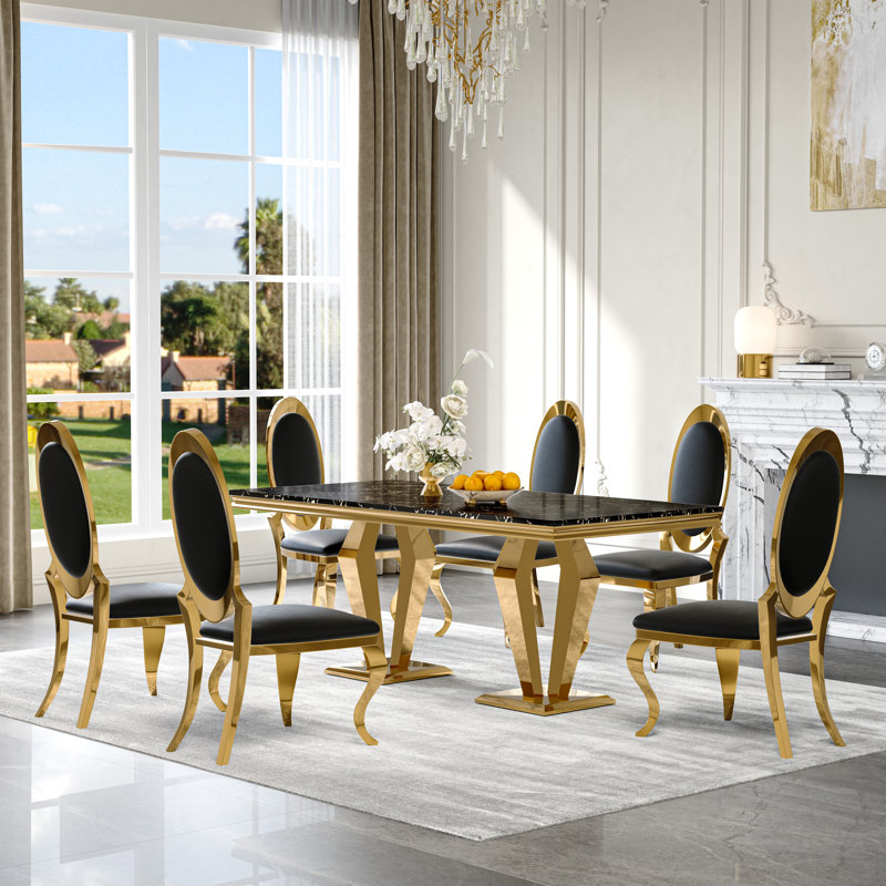 7-Piece Dining Table Set, Marble Veneer Mdf Dining Table, With 6 Faux Leather Dining Chairs, Black/Gold/Black