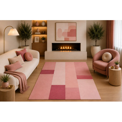"Ultra léger" Tapis moderne minimaliste 5 pi x 7 pi rosé rose crème à motif géométrique en patchwork pour le salon, la chambre de bébé, le bureau, la chambre de bébé, le dossier antidérapant en silicone à poils courts