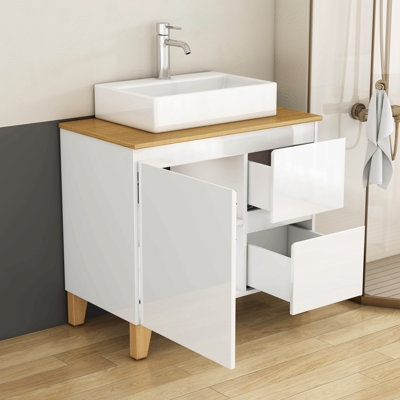 Meuble-lavabo moderne de 80 cm avec lavabo, tiroirs à fermeture amortie, design sans poignées, plateau et pieds en bois naturel, lavabo carré en céramique
