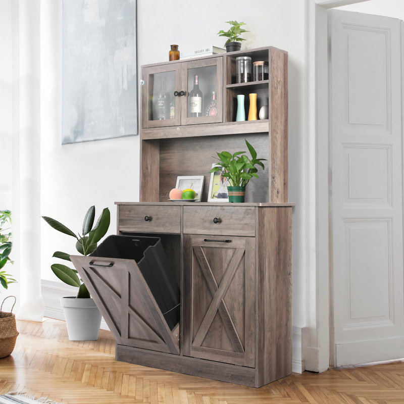 Dual Tilt Out Trash&Storage Cabinet, Kitchen Sideboard Cupboard With Pet Proof 10X2 Gal Hidden Garbage Holder, Freestand Laundry Sort Cabinet, With Drawer, Shelves,Barn Door