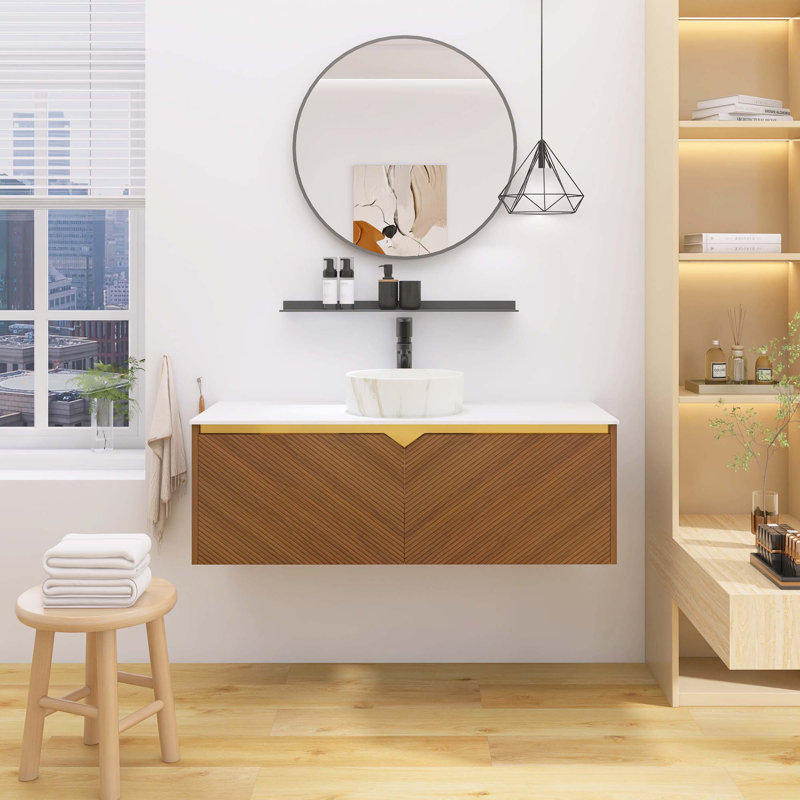 Meuble-lavabo mural en contreplaqué avec vasque et garniture en métal