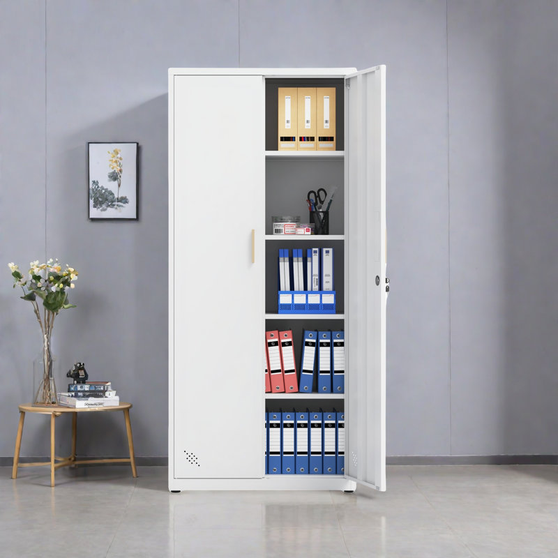 Armoire de rangement haute avec 2 portes et 4 cloisons pour séparer 5 espaces de rangement, conception maison / bureau, Blanc
