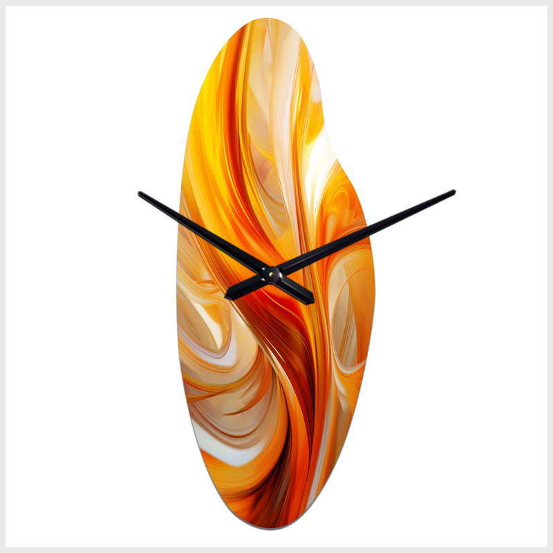Orange Abstract Warm Fractal Design VII - Fractals Asymmetrical Metal Wall Clock, Orange Curved Clock Print, Medium