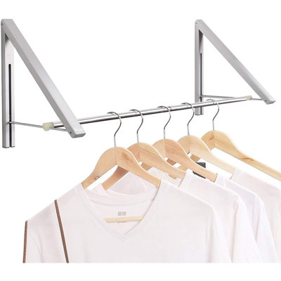 Wall-Mounted Folding Clothes Hanger Rack For Laundry Room, Aluminum Coat & Laundry Organizer With Rods, Silver, 2-Pack