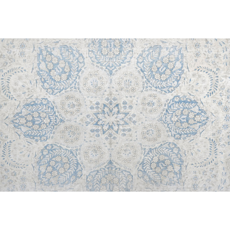 Tapis ivoire et bleu noué à la main de haute qualité