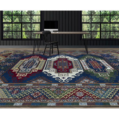 Tapis bleu et crème noué à la main de haute qualité