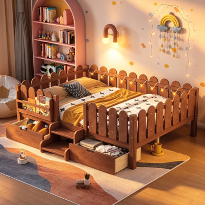 Lit double sur pied avec escalier et lumières DEL, structure de lit en bois de pin avec garde-corps et bibliothèque, lit pour enfant avec deux tiroirs, profil bas pour enfant, philosophie éducative Montessori, naturel antique.