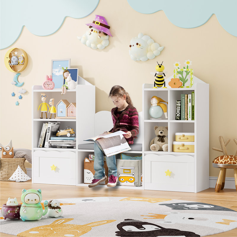 55.1"W Cube Bookcase, Bookshelf with Removable Drawers, White