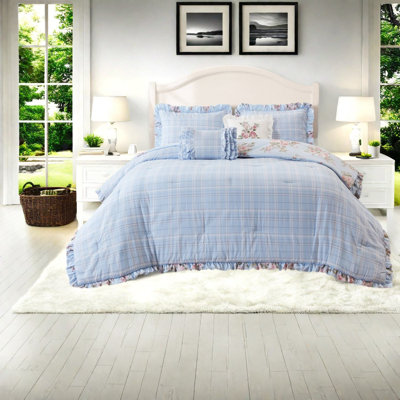 Ensembles de literie à motif floral bleu, édredon en microfibre pour grand lit, ferme à volants