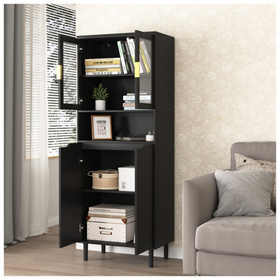 Grande armoire de rangement avec portes en verre trempé - Bibliothèque en bois aggloméré noir avec tablettes réglables pour l'organisation du salon et de la chambre à coucher