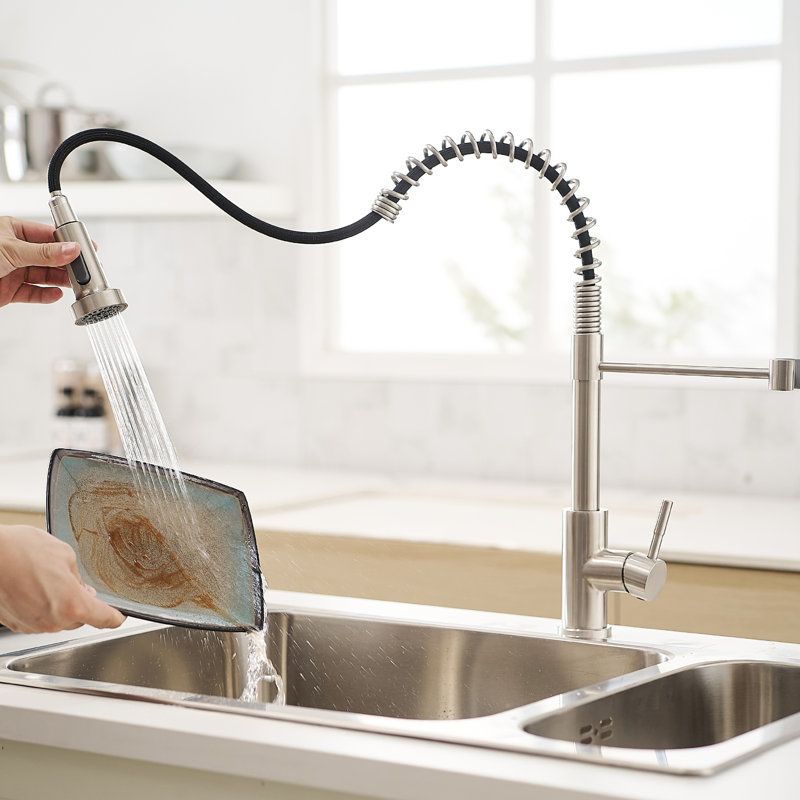Robinet de cuisine en nickel brossé avec cartouche extractible en céramique, débit d'eau stable, facile à installer et à utiliser