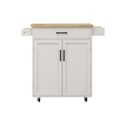 Kitchen Island Rolling Trolley Cart With 1 Drawer & 2 Doors With Storage Racks & Adjustable Shelves & Towel Rack & Seasoning Rack Rubber Wood Table Top-White