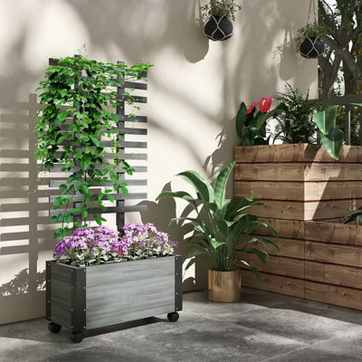Lit de jardin surélevé avec treillis Outsunny, boîte à fleurs d'extérieur en bois de 58 po avec roues, pour plantes grimpantes grimpant et plantant des fleurs, gris