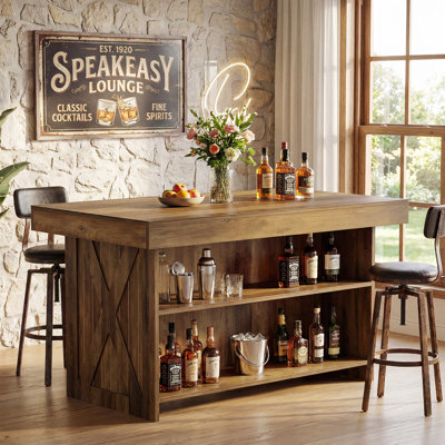 55-Inch Farmhouse Bar Table, Home Pub Table with Storage Shelves, High Top Bar Unit for Kitchen, Dining Room