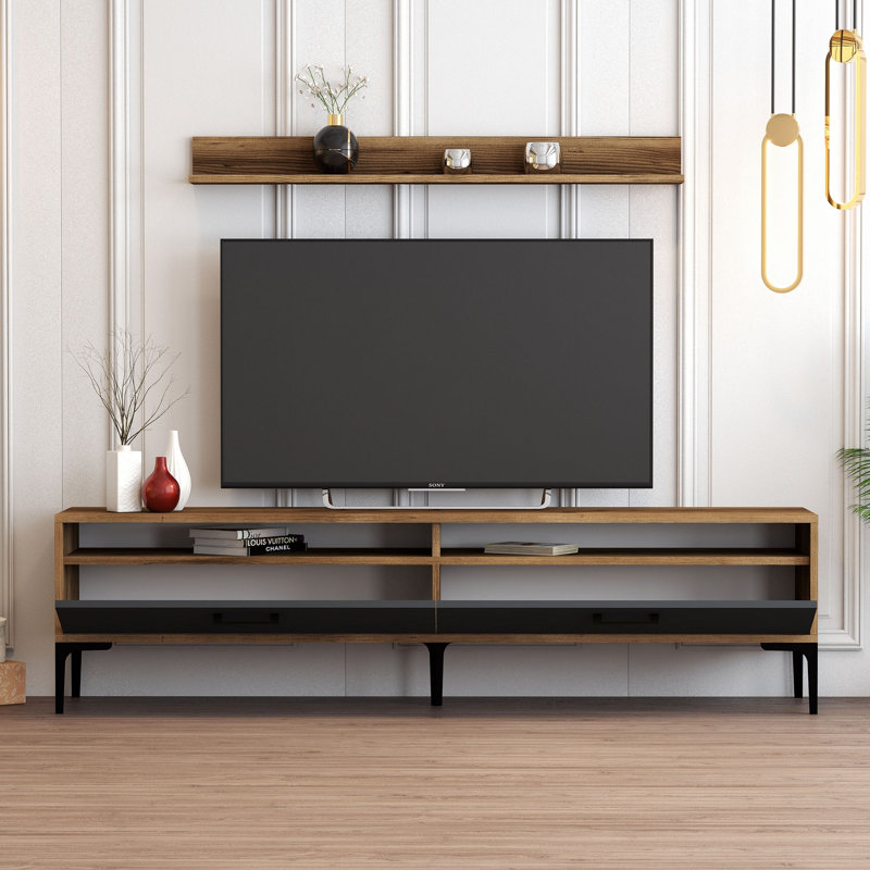 Modern TV Unit with Wall Shelf, Walnut & Anthracite, 70.9 x 18.5 x 13.8 inches | 100% Melamine Coated Particle Board, Thickness: 0.7 inches | Sleek Design, Metal Legs, Plastic Handles, Multiple Shelves for Storage & Display