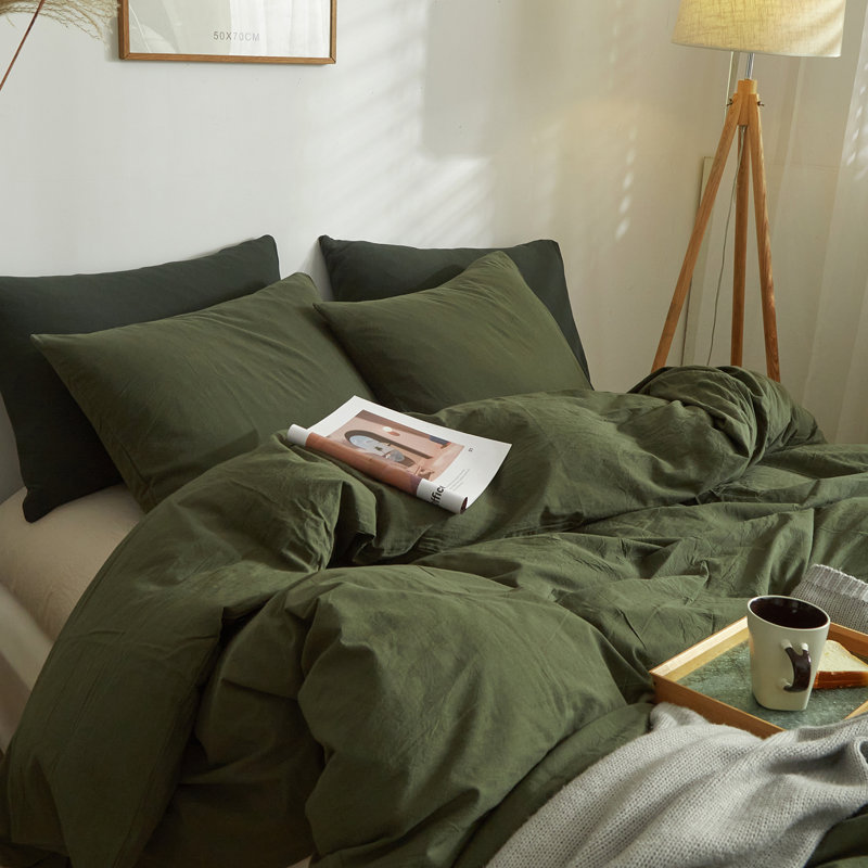 Ensemble de housse de couette douce en coton délavé Boho, Vert d’armée, Housse de couette grand et 2 taies d'oreiller stan