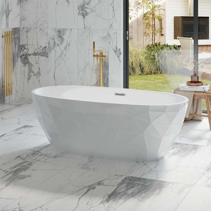 Baignoire autoportante en acrylique de 67 pouces à finition brillante d'aspect diamant, baignoire de luxe entièrement blanche avec bonde escamotable et trop-plein chromée, conception profonde pour les petites salles de bain