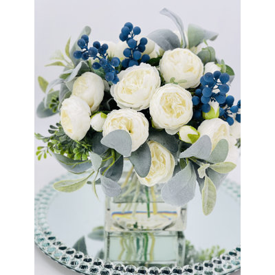 Large White Rose Peony, Blue Berries With Greenery Arrangement