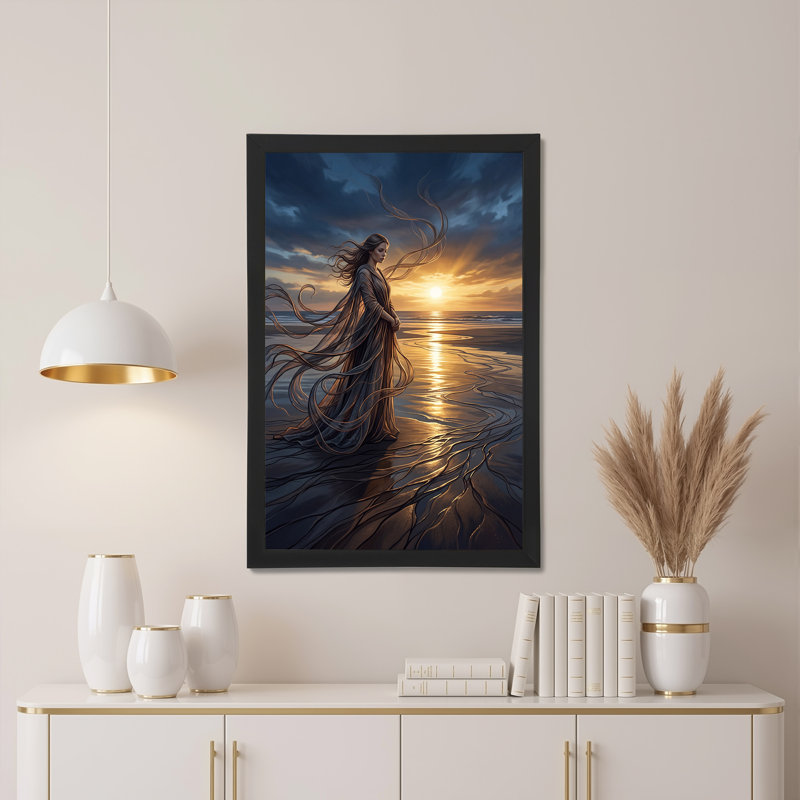 «Woman in Flowing Robe on Beach at Golden Sunset», art mural sur toile, H 36 po x l 24 po