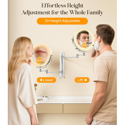 9” Wall Mounted Makeup Mirror with Magnification 10X, 7in Height Adjustable Vanity Lighted Mirrors for Bathroom Wall, 360° Extended Arm Shaving Wall Mirror with Lights - Chrome