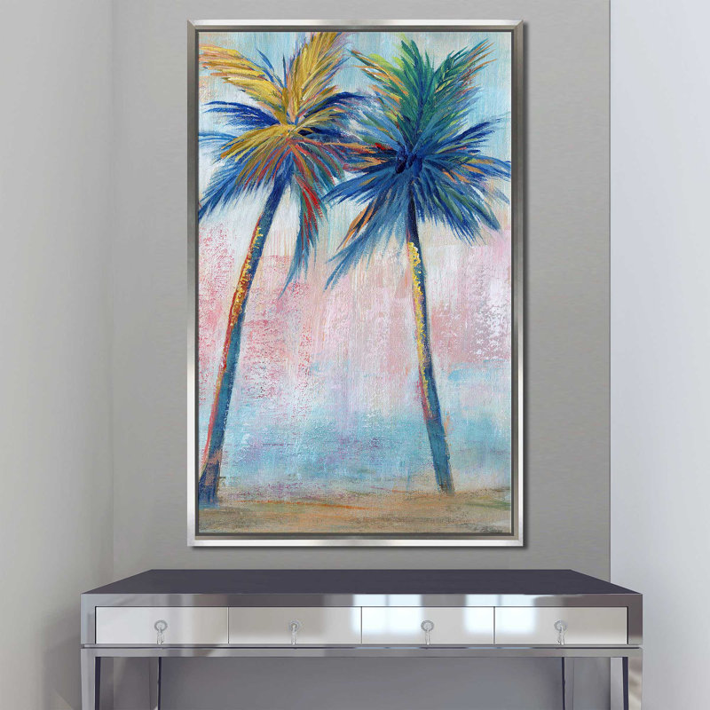 Color Pop Palms II par Nan - Peinture, H 33,5 po x l 21,5 po x P 2 po, Cadre flottant argent