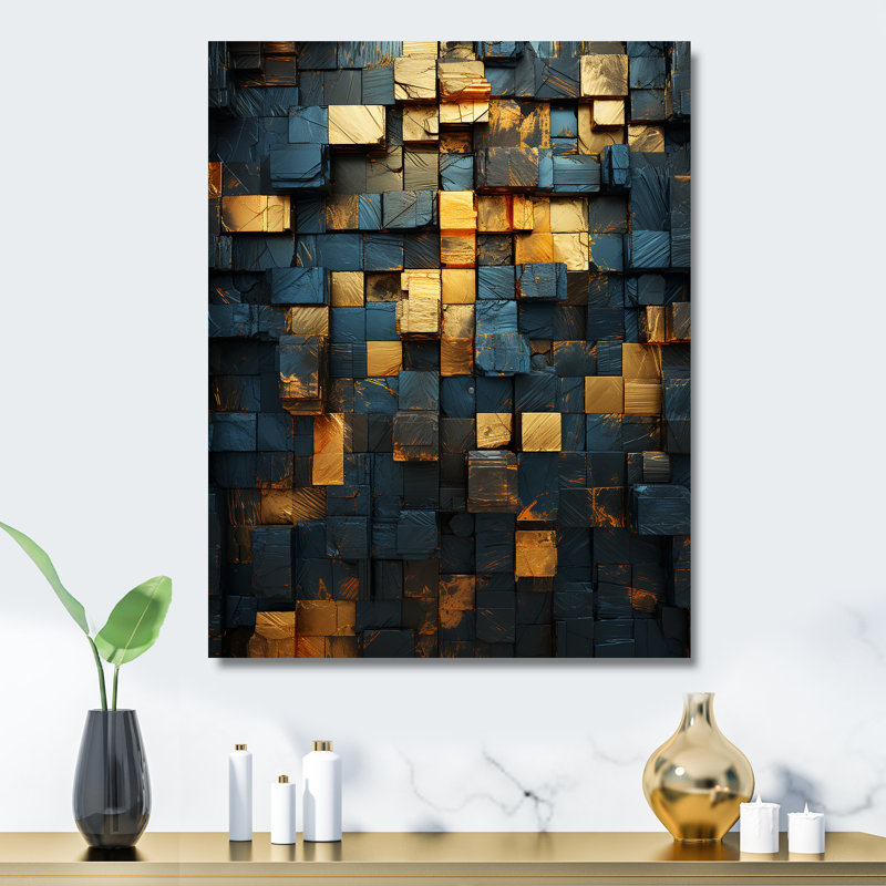 «Grunge Gold Cubes Abstract Geometric V - Abstract Tile», art mural en métal, H 32 po x l 16 po x P 1 po